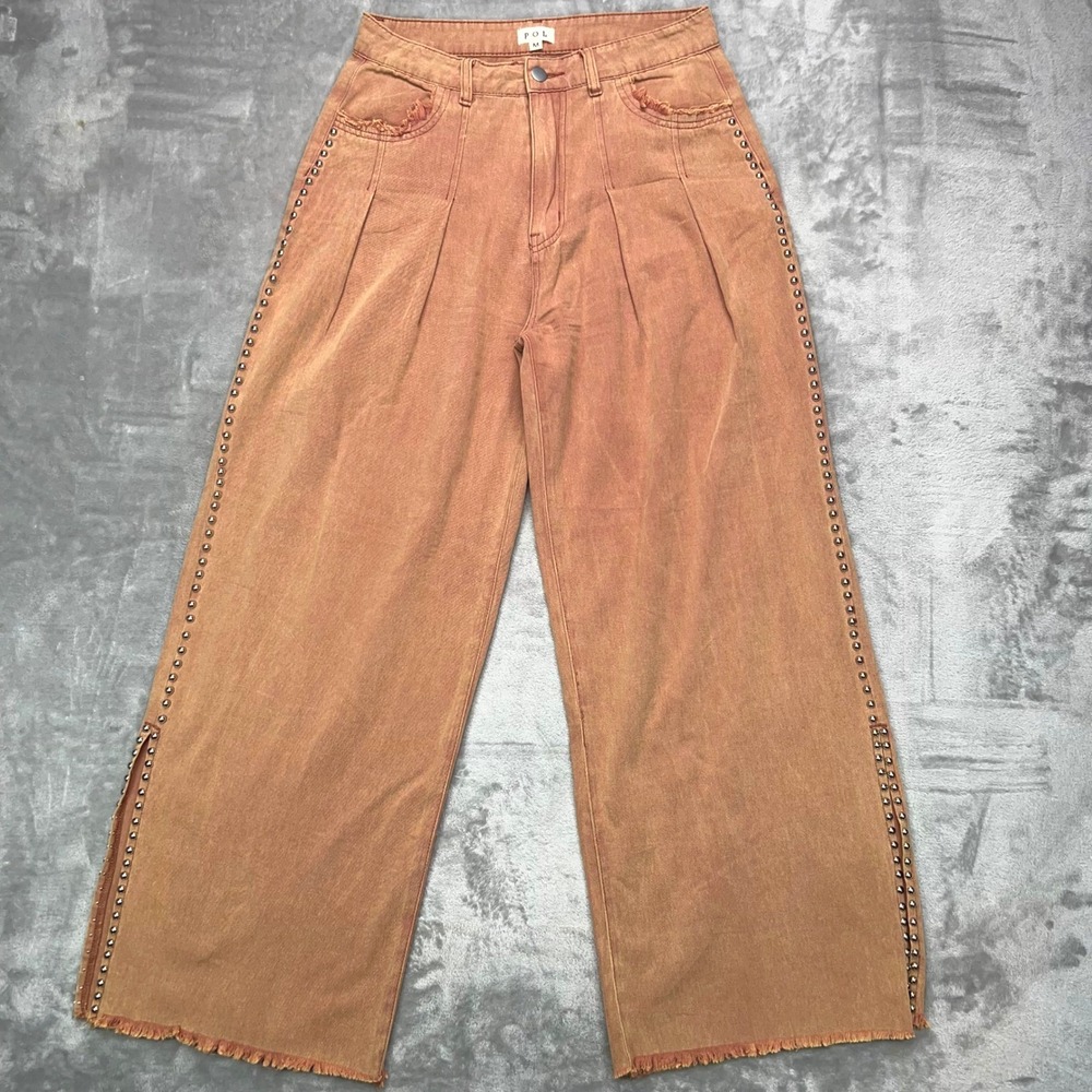 POL Wide Leg Gold Studded Pants Womens Medium Rust Split Hem Raw Edge Boho Jeans